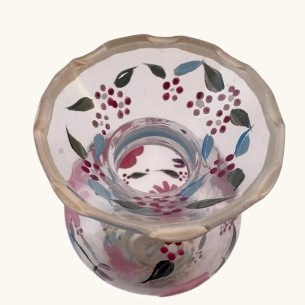 Pfaltzgraff Hand‎ Painted Floral Glass Vase Pink Rose Ruffled Rim Pedestal 7.5in